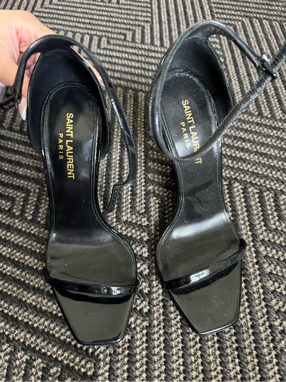 Saint Laurent Black Patent Leather Square-Toe Ankle-Strap Heels
